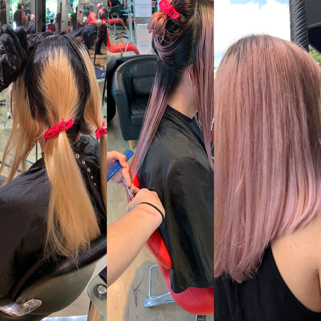 before and after image of highlighting pink champagne