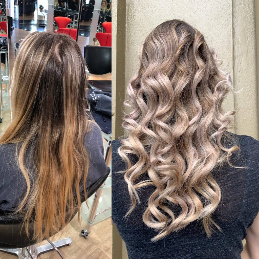 before and after highlighting platinum and warm blonde